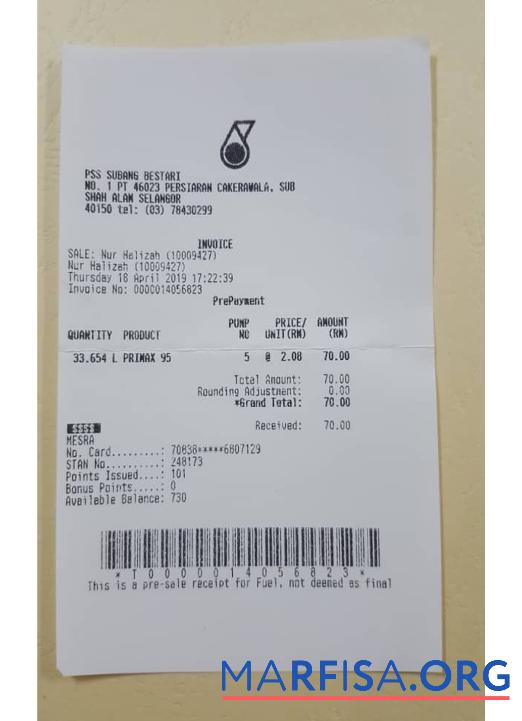 Printable PSS Subang Bestari payment receipt template